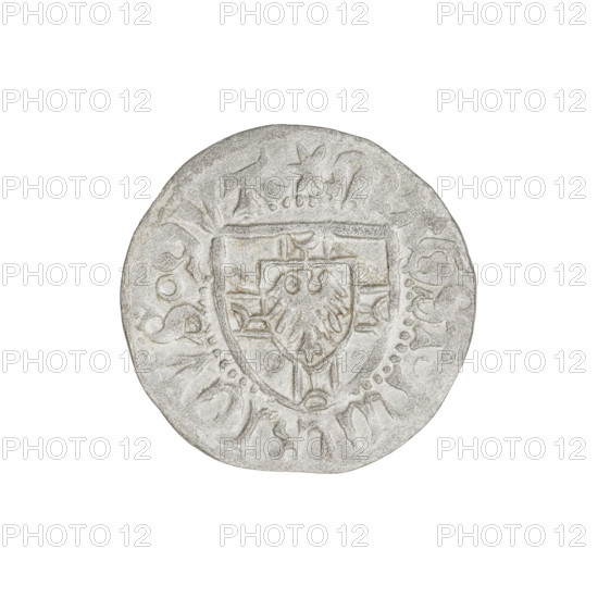 Teutonic szelag, Henryk Reffle von Richtenberg (Grand Master; 1470–1477). Obverse: Teutonic shield of the Grand Master; in the rim between pearly borders, an inscription. Reverse: Teutonic shield; in the rim between pearly borders, an inscription, 1470–1477. State of the Teutonic Order (1226–1525), Königsberg. Coin; diameter 20 mm, weight 1.30 g, axis 225°.