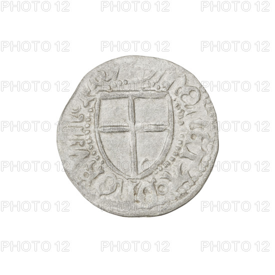 Teutonic szelag, Henryk Reffle von Richtenberg (Grand Master; 1470–1477). Obverse: Teutonic shield of the Grand Master; in the rim between the pearly borders, an inscription. Reverse: Teutonic shield; in the rim between the pearly borders, an inscription, 1470–1477. State of the Teutonic Order (1226–1525), Königsberg. Coin; diameter 20 mm, weight 1.30 g, axis 225°.