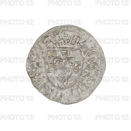 Teutonic szelag, Henryk Reffle von Richtenberg (Grand Master; 1470–1477). Obverse: Teutonic Knights' shield (iconographic). Reverse: Teutonic shield (iconographic). On the rim, between the pearly borders, an inscription. Date: 1470–1477. State of the Teutonic Order (1226–1525), Königsberg. Coin; dia. 20.4 mm; weight 1.40 g; axis 225°.
