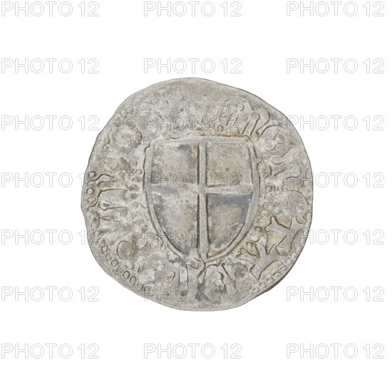 Teutonic szelag, Henryk Reffle von Richtenberg (Grand Master; 1470–1477). Obverse: Teutonic Knights' shield (iconographic). On the rim, between the pearly borders, an inscription. Reverse: Teutonic Knights' shield (iconographic). On the rim, between the pearly borders, an inscription. Date: 1470–1477. State of the Teutonic Order (1226–1525), Königsberg. Coin. Diameter 20.4 mm; weight 1.40 g; axis 225°.