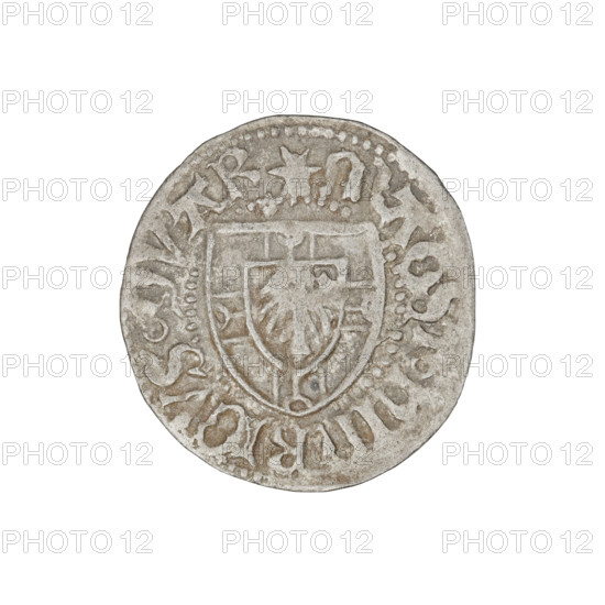 Teutonic szelag, Henryk Reffle von Richtenberg (Grand Master; 1470–1477). Obverse: Teutonic shield of the Grand Master; on the rim between pearly borders, an inscription. Reverse: Teutonic shield; on the rim between pearly borders, an inscription. Date: 1470–1477. Issuer: State of the Teutonic Order (1226–1525), Königsberg. Coin; diameter 21 mm, weight 1.42 g, axis 0°.