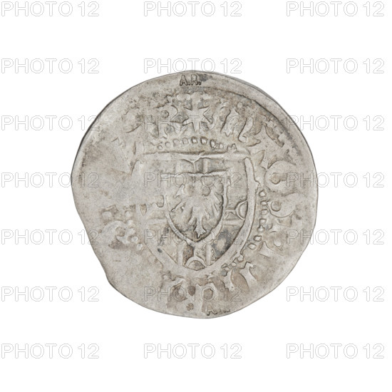 Teutonic szelag, Henryk Reffle von Richtenberg (Grand Master; 1470–1477). Teutonic shield (iconographic); monastic shield of the Grand Master (iconographic). AR mark (twice struck on the obverse). Teutonic Knights (order). Obverse: monastic shield of the Grand Master; on the rim between the pearl borders an inscription. Reverse: monastic shield; in the rim between the pearl borders an inscription. Date: 1470–1477. State of the Teutonic Order (1226–1525). Königsberg. Coin: diameter 21.1 mm, weight 1.48 g, axis 290°.