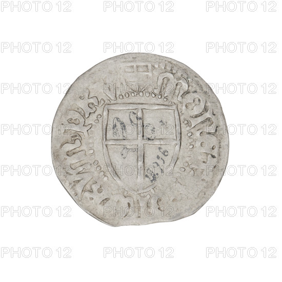 Teutonic szelag, Henryk Reffle von Richtenberg (Grand Master; 1470–1477). Obverse: Monastic shield of the Grand Master (iconographic). On the rim, between the pearl borders, an inscription. Reverse: Monastic shield (iconographic). In the rim between the pearl borders there is an inscription. Date: 1470–1477. Issuer: State of the Teutonic Order (1226–1525), Königsberg. Coin type: szelag (coin). Diameter: 21.1 mm. Weight: 1.48 g. Axis: 290°. AR mark (twice struck on the obverse). Teutonic Knights (order).