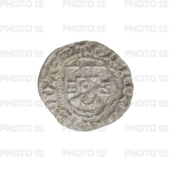 Teutonic szelag, Henryk Reffle von Richtenberg (Grand Master; 1470–1477). Obverse: Teutonic Knights' shield (iconographic). Reverse: Teutonic shield (iconographic). On the rim, between the pearly borders, an inscription. Date: 1470–1477. State of the Teutonic Order (1226–1525), Königsberg. Coin, dia. 18.8 mm, weight 0.54 g, axis 290°.