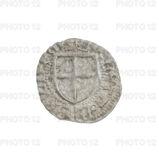 Teutonic szelag, Henryk Reffle von Richtenberg (Grand Master; 1470–1477). Teutonic shield (iconographic); Teutonic Knights' shield (iconographic). Obverse: Teutonic Knights' shield; on the rim, between the pearly borders, an inscription. Reverse: Teutonic Knights' shield; on the rim, between the pearly borders, an inscription. Date: 1470–1477. State of the Teutonic Order (1226–1525), Königsberg. Coin; diameter 18.8 mm; weight 0.54 g; axis 290°.