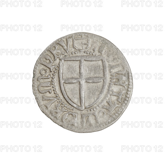 Teutonic szelag, Henryk Reffle von Richtenberg (Grand Master; 1470–1477). Copper coin (szelag) showing Teutonic Knights' shield (iconographic) on obverse and reverse. Obv.: Teutonic Knights' shield; in the rim, between the pearly borders, an inscription. Rev.: Teutonic Knights' shield; in the rim, between the pearly borders, an inscription. Date: 1470–1477. State of the Teutonic Order (1226–1525), Königsberg. Coin diameter 20.5 mm; weight 1.08 g; axis 0°.