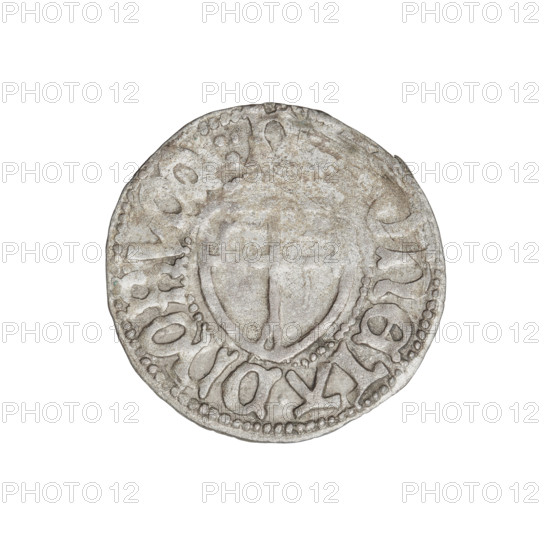 Teutonic szelag, Henryk Reffle von Richtenberg (Grand Master; 1470–1477). Obverse: Teutonic shield of the Grand Master; on the rim between pearly borders an inscription. Reverse: Teutonic shield; on the rim between pearly borders an inscription. Date: 1470–1477. Issuing state: State of the Teutonic Order (1226–1525), Königsberg. Coin, diameter 21 mm, weight 1.60 g, axis 180°.