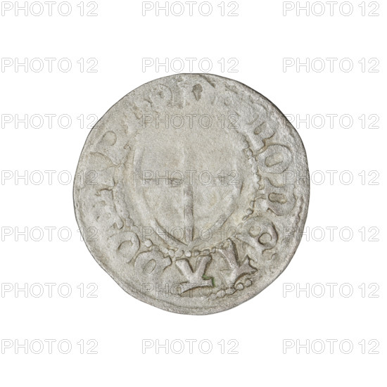 Teutonic szelag, Henryk Reffle von Richtenberg (Grand Master; 1470–1477). Obverse: Teutonic shield of the Grand Master; in the rim, between the pearly borders, an inscription. Reverse: Teutonic shield; in the rim, between the pearly borders, an inscription, 1470–1477. State of the Teutonic Order (1226–1525), Königsberg. Coin; diameter 20.9 mm; weight 1.34 g; axis 200 degrees.