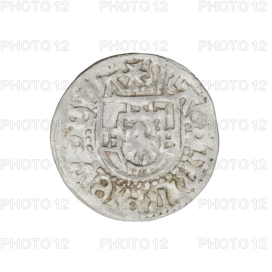 Teutonic szelag, Henryk Reffle von Richtenberg (Grand Master; 1470–1477). Obverse: Teutonic shield of the Grand Master; rim between pearly borders with an inscription. Reverse: Teutonic shield; rim between pearly borders with an inscription. Date: 1470–1477. State of the Teutonic Order (1226–1525), Königsberg. Coin, weight 1.24 g, axis 80°.