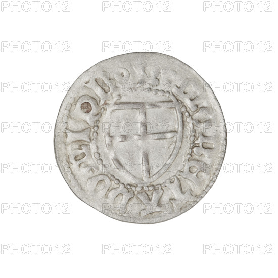 Teutonic szelag, Henryk Reffle von Richtenberg (Grand Master; 1470–1477). Obverse: Teutonic shield of the Grand Master; in the rim between pearly borders, an inscription. Reverse: Teutonic shield; in the rim between pearly borders, an inscription. Date: 1470–1477. State of the Teutonic Order (1226–1525), Königsberg. Coin; weight 1.24 g; axis 80 degrees.