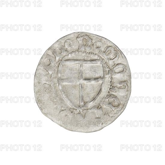 Teutonic szelag, Henryk Reffle von Richtenberg (Grand Master; 1470–1477). Obverse: Teutonic shield of the Grand Master; in the rim between the pearly borders, an inscription. Reverse: Teutonic shield; in the rim between the pearly borders, an inscription and the date 1470–1477. State of the Teutonic Order (1226–1525), Königsberg. Coin; diameter 20.5 mm; weight 1.46 g; axis 270°.