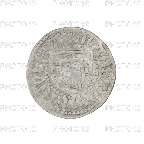 Teutonic szelag, Henryk Reffle von Richtenberg (Grand Master; 1470–1477). Obverse: Teutonic Knights' shield (iconographic). Reverse: Teutonic shield (iconographic). On the rim, between the pearl borders, an inscription. Date: 1470–1477. State of the Teutonic Order (1226–1525), Königsberg. Coin, diameter 21.4 mm, weight 1.59 g, axis 240°.