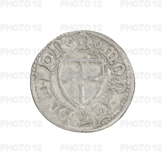 Teutonic szelag, Henryk Reffle von Richtenberg (Grand Master; 1470–1477). Obverse: Teutonic Knights' shield (iconographic). Reverse: Teutonic Knights' shield (iconographic). On the rim, between the pearly borders, an inscription. Date: 1470–1477. State of the Teutonic Order (1226–1525), Königsberg. Coin; diameter 21.4 mm, weight 1.59 g, axis 240°.