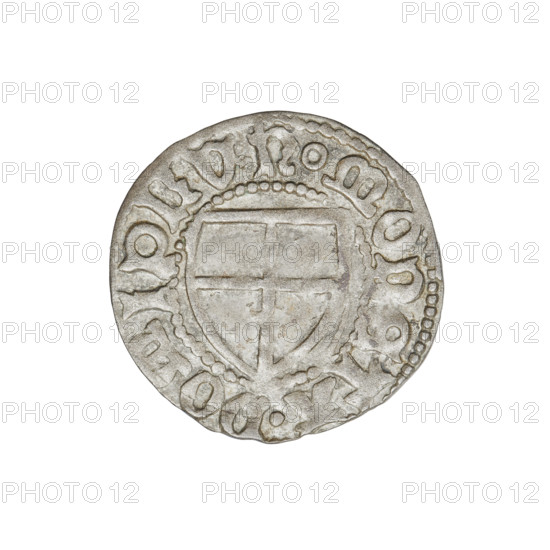 Teutonic szelag, Henryk Reffle von Richtenberg (Grand Master; 1470–1477). Obverse: Teutonic Knights' shield (iconographic). Reverse: Teutonic Knights' shield (iconographic). On the rim, between the pearly borders, an inscription. Date: 1470–1477. State of the Teutonic Order (1226–1525), Königsberg. Coin; diameter 20.7 mm; weight 1.38 g; axis 270 degrees.