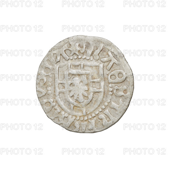 Teutonic szelag, Henryk Reffle von Richtenberg (Grand Master; 1470–1477). Teutonic shield of the Grand Master. Obv.: Teutonic shield of the Grand Master; on the rim, between the pearly borders, an inscription. Rev.: Teutonic shield; on the rim, between the pearly borders, an inscription. Date: 1470–1477. State of the Teutonic Order (1226–1525), Königsberg. Coin, diameter 19.6 mm, weight 1.55 g, axis 180°.