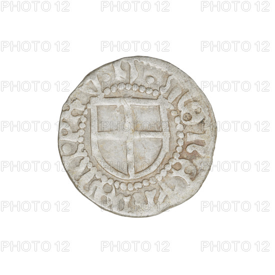 Teutonic szelag, Henryk Reffle von Richtenberg (Grand Master; 1470–1477). Obverse: Teutonic shield of the Grand Master; on the rim, between pearly borders, an inscription. Reverse: Teutonic shield; on the rim, between pearly borders, an inscription. Date 1470–1477. State of the Teutonic Order (1226–1525), Königsberg. Coin, dia. 19.6 mm, weight 1.55 g, axis 180°.