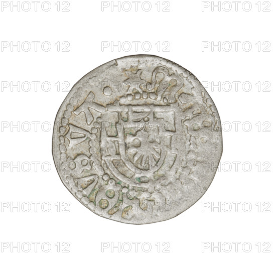 Teutonic szelag, Henryk Reffle von Richtenberg (Grand Master; 1470–1477). Obverse: Teutonic Knights' shield; on the rim between the pearly borders, an inscription. Reverse: Teutonic Knights' shield; on the rim between the pearly borders, an inscription. Date: 1470–1477. State of the Teutonic Order (1226–1525), Königsberg. Coin; diameter 20.8 mm; weight 1.50 g; axis 180 degrees.