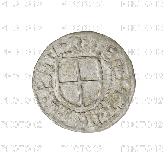 Teutonic szelag, Henryk Reffle von Richtenberg (Grand Master; 1470–1477). Obverse: Teutonic Knights' shield; on the rim between the pearly borders an inscription. Reverse: Teutonic shield; on the rim between the pearly borders an inscription. Date: 1470–1477. State of the Teutonic Order (1226–1525), Königsberg. Coin, diameter 20.8 mm, weight 1.50 g, axis 180 degrees.