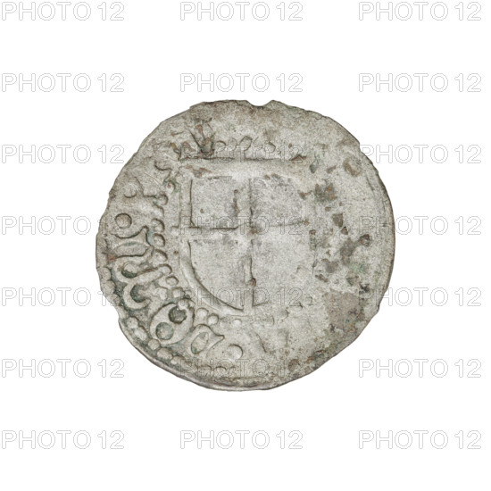 Teutonic szelag, Henryk Reffle von Richtenberg (Grand Master; 1470–1477). Obverse: Teutonic shield of the Grand Master; in the rim between the pearly borders an inscription. Reverse: Teutonic shield; in the rim between the pearly borders an inscription. Date inscription: 1470–1477. State of the Teutonic Order (1226–1525), Königsberg. Coin; diameter 20.6 mm; weight 1.08 g; axis 135°.