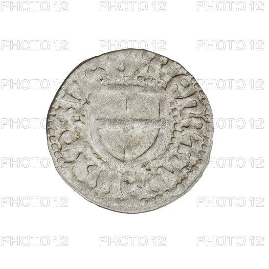 Teutonic szelag, Henryk Reffle von Richtenberg (Grand Master; 1470–1477). Obverse: Teutonic shield of the Grand Master; in the rim between pearly borders, an inscription. Reverse: Teutonic shield; in the rim between pearly borders, an inscription. Date: 1470–1477. State of the Teutonic Order (1226–1525), Königsberg. Coin; diameter 20.9 mm; weight 1.27 g; axis 20°.