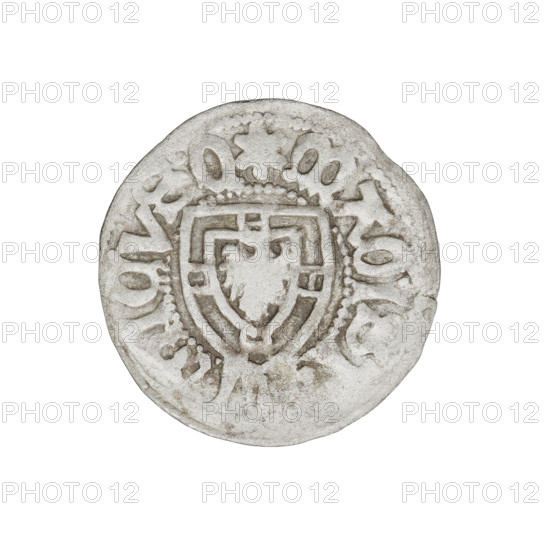 Teutonic szelag, Henryk Reffle von Richtenberg (Grand Master; 1470–1477). Obverse: Teutonic shield of the Grand Master; rim with inscription between pearly borders. Reverse: Teutonic shield; rim with inscription between pearly borders, dated 1470–1477. State of the Teutonic Order (1226–1525), Königsberg. Coin; diameter 21.2 mm, weight 1.22 g, axis 0°.