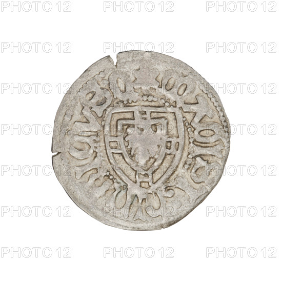 Teutonic szelag, Henryk Reffle von Richtenberg (Grand Master; 1470–1477). Obverse: Teutonic shield of the Grand Master; on the rim between the pearly borders an inscription. Reverse: Teutonic shield; on the rim between the pearly borders an inscription. Date: 1470–1477. State of the Teutonic Order (1226–1525), Königsberg. Coin. Diameter 21.5 mm, weight 1.31 g, axis 180 degrees.