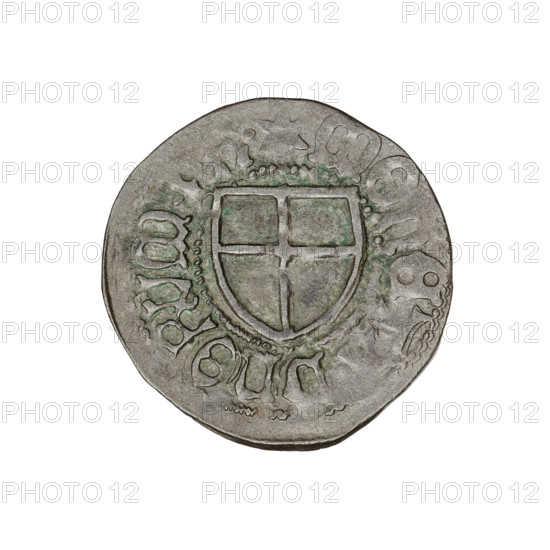 Teutonic szelag, Henryk Reffle von Richtenberg (Grand Master; 1470–1477). Obverse: Monastic shield of the Grand Master; on the rim between the pearly borders, an inscription. Reverse: Monastic shield; on the rim between the pearly borders, an inscription. Date: 1470–1477. State of the Teutonic Order (1226–1525), Königsberg. Coin, diameter 21.7 mm, weight 1.60 g, axis 0°.