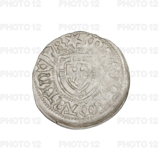 Teutonic szelag, Marcin Truchsess von Wetzhausen (Grand Master; 1477–1489), Wesner, Hans (fl. 1480–?), publisher (from 1480). Teutonic shield (iconographic), monastic shield of the Grand Master (iconographic). Obverse: monastic shield of the Grand Master; on the rim between the pearl borders, an inscription. Reverse: monastic shield; in the rim between the pearl borders an inscription, 1477–1489. State of the Teutonic Order (1226–1525), Königsberg. Coin, diameter 20.8 mm, weight 1.31 g, axis 45°.