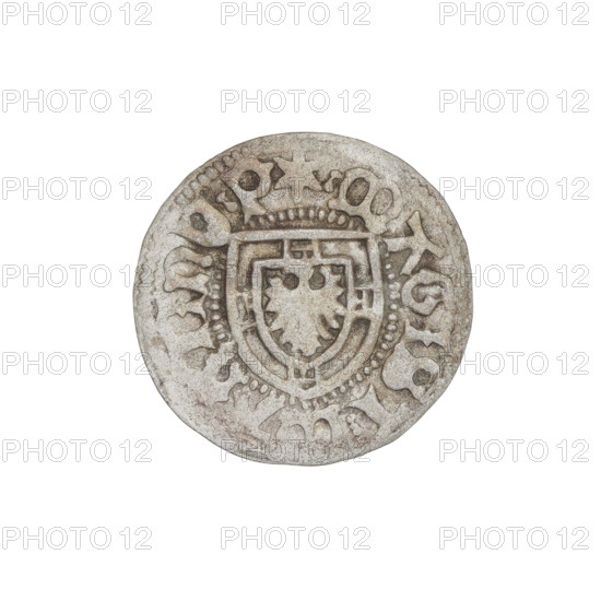 Teutonic szelag, Marcin Truchsess von Wetzhausen (Grand Master; 1477–1489), Wesner, Hans (fl. 1480–?), publisher (from 1480); Teutonic shield (iconographic), monastic shield of the Grand Master (iconographic); Teutonic Knights (order). Obverse: Monastic shield of the Grand Master; on the rim, between the pearl borders, the inscription. Reverse: Monastic shield; in the rim between the pearl borders there is an inscription '1477–1489'. State of the Teutonic Order (1226–1525), Königsberg. Coin; diameter 19.2 mm, weight 1.34 g, axis 0 degrees.
