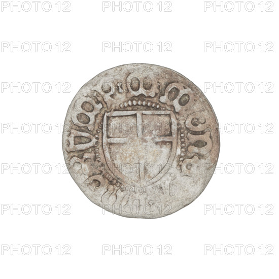Teutonic szelag, Marcin Truchsess von Wetzhausen (Grand Master; 1477–1489), Wesner, Hans (fl. 1480–?), publisher (from 1480). Obverse: Monastic shield of the Grand Master; on the rim between the pearl borders the inscription. Reverse: Monastic shield; in the rim between the pearl borders an inscription, 1477–1489. Teutonic shield (iconographic). Teutonic Knights (order), State of the Teutonic Order (1226–1525), Königsberg. Coin; diameter 19.2 mm, weight 1.34 g, axis 0 degrees.