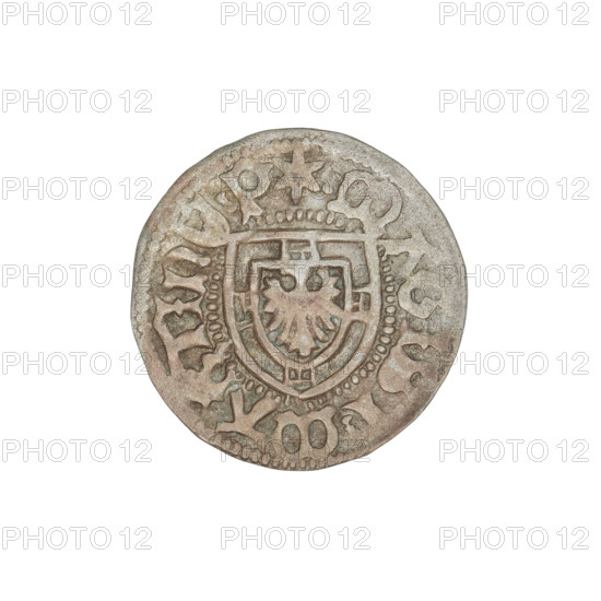 Teutonic szelag, Marcin Truchsess von Wetzhausen (Grand Master; 1477–1489), Wesner, Hans (fl. 1480–?), publisher (from 1480), Teutonic shield (iconographic), monastic shield of the Grand Master (iconographic), Teutonic Knights (order). Obv.: Monastic shield of the Grand Master. On the rim, between the pearl borders, the inscription. Rev.: Monastic shield. In the rim between the pearl borders there is an inscription, 1477–1489. State of the Teutonic Order (1226–1525), Königsberg. Coin; diameter 19 mm; weight 1.17 g; axis 170°.