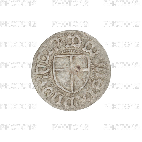 Teutonic szelag, Marcin Truchsess von Wetzhausen (Grand Master; 1477–1489), Wesner, Hans (fl. 1480–?), publisher (from 1480). Iconography: Teutonic shield; monastic shield of the Grand Master; Teutonic Knights (order). Obverse: Monastic shield of the Grand Master; on the rim, between the pearl borders, the inscription. Reverse: Monastic shield; in the rim between the pearl borders there is an inscription, 1477–1489. State of the Teutonic Order (1226–1525), Königsberg. Coin, diameter 19 mm, weight 1.17 g, axis 170°.