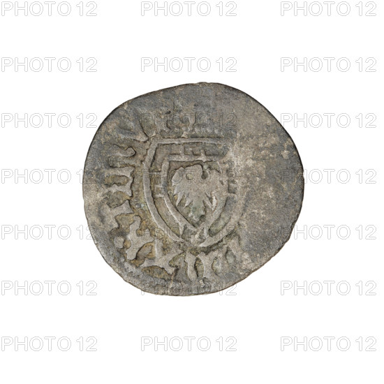 Teutonic szelag, Marcin Truchsess von Wetzhausen (Grand Master; 1477–1489), Wesner, Hans (fl. 1480–?), publisher (from 1480). Teutonic shield (iconographic); Teutonic Knights' monastic shield (iconographic); Teutonic Knights (order). Obverse: monastic shield of the Grand Master; on the rim between pearl borders the inscription. Reverse: monastic shield; in the rim between the pearl borders an inscription, 1477–1489. State of the Teutonic Order (1226–1525), Königsberg. Coin; diameter 19.4 mm; weight 0.97 g; axis 225°.