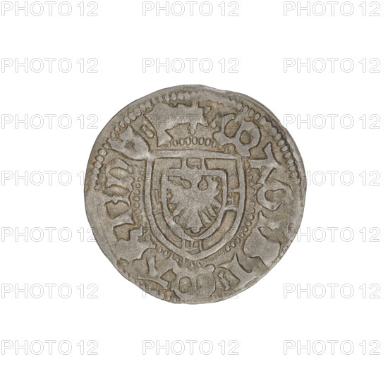 Teutonic szelag, Marcin Truchsess von Wetzhausen (Grand Master; 1477–1489), Wesner, Hans (fl. 1480–?), publisher (from 1480). Iconography: Teutonic shield; Teutonic Knights' monastic shield; Teutonic Knights (order). Obverse: monastic shield of the Grand Master; on the rim between the pearl borders an inscription. Reverse: monastic shield; in the rim between the pearl borders an inscription, 1477–1489. State of the Teutonic Order (1226–1525), Königsberg. Coin: diameter 19.0–19.2 mm, weight 1.22 g, axis 135°.