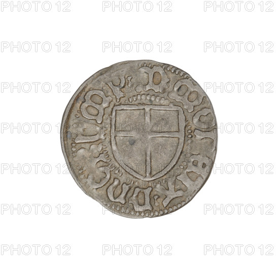 Teutonic szelag, Marcin Truchsess von Wetzhausen (Grand Master; 1477–1489); publisher: Wesner, Hans (fl. 1480–?; from 1480). Iconography: Teutonic shield; Teutonic Knights' monastic shield; Teutonic Knights (order). Obverse: monastic shield of the Grand Master with inscription on the rim between pearl borders. Reverse: monastic shield with inscription on the rim between pearl borders. Date range on rim inscription: 1477–1489. State of the Teutonic Order (1226–1525); Königsberg. Coin: diameter 19.0–19.2 mm; weight 1.22 g; axis 135°.