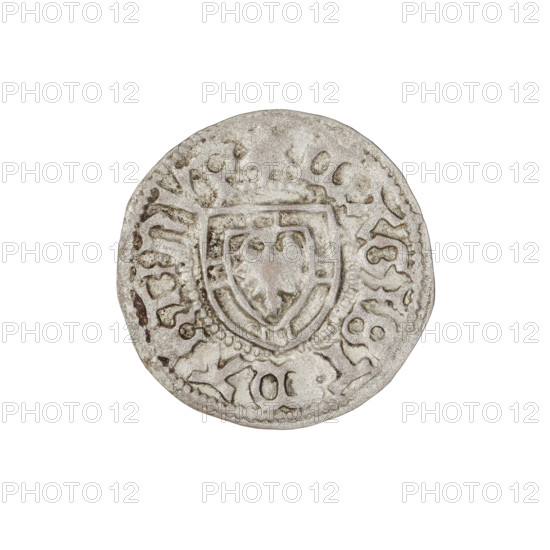 Teutonic szelag, Marcin Truchsess von Wetzhausen (Grand Master; 1477–1489), Wesner, Hans (fl. 1480–?), publisher (from 1480). Teutonic shield (iconographic), Teutonic Knights' monastic shield (iconographic), Teutonic Knights (order). Obverse: Monastic shield of the Grand Master; on the rim, between the pearl borders, an inscription. Reverse: Monastic shield; in the rim between the pearl borders an inscription, 1477–1489. State of the Teutonic Order (1226–1525), Königsberg. Coin, diameter 19.6 mm, weight 1.23 g, axis 315°.