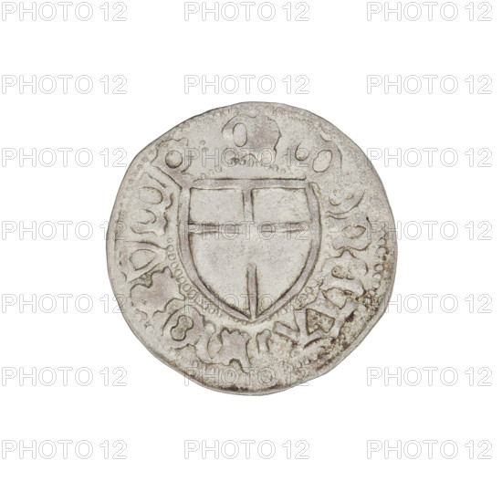 Teutonic szelag, Marcin Truchsess von Wetzhausen (Grand Master; 1477–1489); Wesner, Hans (fl. 1480–?), publisher (from 1480). Obverse: monastic shield of the Grand Master; rim between pearl borders bears inscription. Reverse: monastic shield; rim between pearl borders bears inscription '1477–1489'. Teutonic Knights (order); Teutonic shield (iconographic); Teutonic Knights' monastic shield (iconographic). Coin, Königsberg; State of the Teutonic Order (1226–1525). Diameter 19.6 mm, weight 1.23 g, axis 315°.
