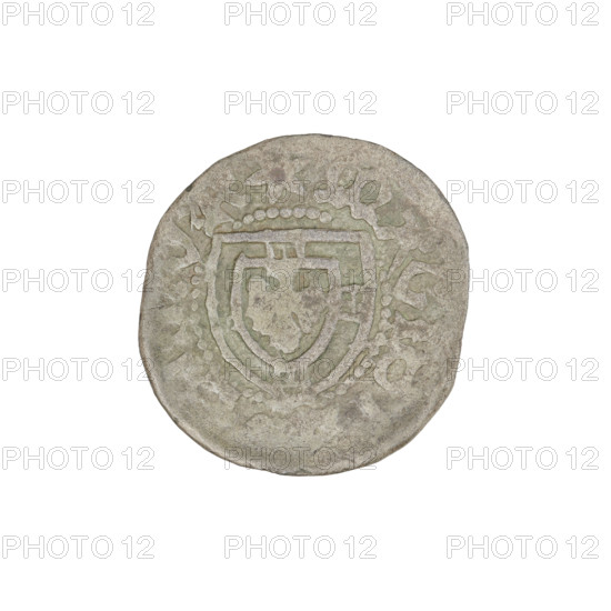 Teutonic szelag, Marcin Truchsess von Wetzhausen (Grand Master; 1477–1489), Wesner, Hans (fl. 1480–?), publisher (from 1480). Teutonic shield (iconographic); Teutonic Knights' monastic shield (iconographic); Teutonic Knights (order). Obverse: monastic shield of the Grand Master; on the rim between the pearl borders an inscription. Reverse: monastic shield; on the rim between the pearl borders the inscription 1477–1489. State of the Teutonic Order (1226–1525), Königsberg. Coin; diameter 19.3 mm; weight 1.38 g; axis 0°.