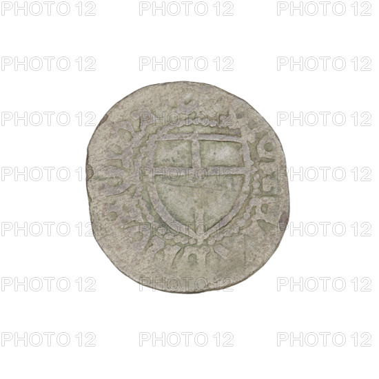 Teutonic szelag; Marcin Truchsess von Wetzhausen (Grand Master; 1477–1489); Wesner, Hans (fl. 1480–?), publisher (from 1480); Teutonic shield (iconographic); Teutonic Knights' monastic shield (iconographic); Teutonic Knights (order). Obverse: monastic shield of the Grand Master; inscription on rim between pearl borders. Reverse: monastic shield; inscription on rim between pearl borders: 1477–1489. State of the Teutonic Order (1226–1525), Königsberg. Coin; diameter 19.3 mm; weight 1.38 g; axis 0°.