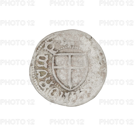 Teutonic szelag, Marcin Truchsess von Wetzhausen (Grand Master; 1477–1489), Wesner, Hans (fl. 1480–?), publisher (from 1480), Teutonic shield (iconographic), monastic shield of the Grand Master (iconographic), Teutonic Knights (order). Obverse: Monastic shield of the Grand Master. On the rim, between the pearl borders, the inscription. Reverse: Monastic shield. In the rim between the pearl borders there is an inscription, 1477–1489. State of the Teutonic Order (1226–1525), Königsberg. Coin; diameter 19.3 mm; weight 1.36 g; axis 180°.