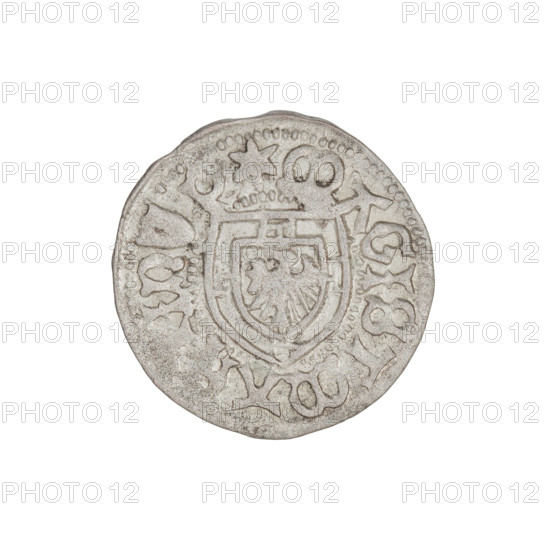 Teutonic szelag, Marcin Truchsess von Wetzhausen (Grand Master; 1477–1489), Wesner, Hans (fl. 1480–?), publisher (from 1480). Obverse: monastic shield of the Grand Master; on the rim between the pearl borders the inscription. Reverse: Teutonic shield (iconographic); in the rim between the pearl borders the inscription 1477–1489. Teutonic Knights (order). State of the Teutonic Order (1226–1525), Königsberg. Coin; diameter 20 mm, weight 1.43 g, axis 180 degrees.