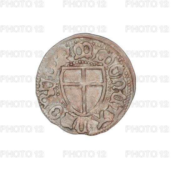 Teutonic szelag. Marcin Truchsess von Wetzhausen (Grand Master; 1477–1489). Wesner, Hans (fl. 1480–?), publisher (from 1480). Iconography: Teutonic shield; monastic shield of the Grand Master; Teutonic Knights (order). Obverse: monastic shield of the Grand Master; on the rim between the pearl borders the inscription. Reverse: monastic shield; in the rim between the pearl borders there is an inscription, 1477–1489. State of the Teutonic Order (1226–1525), Königsberg. Coin; diameter 20 mm; weight 1.43 g; axis 180°.