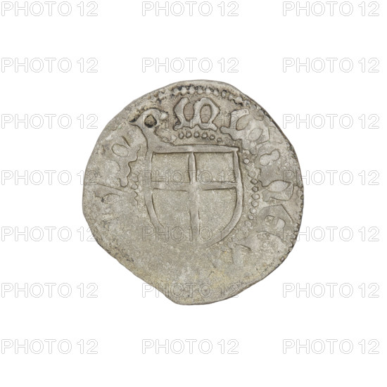 Teutonic szelag, Marcin Truchsess von Wetzhausen (Grand Master; 1477–1489), Wesner, Hans (fl. 1480–?), publisher (from 1480). Monastic shield of the Grand Master (iconographic). Teutonic Knights (order). Obverse: Monastic shield of the Grand Master. On the rim, between the pearl borders, the inscription. Reverse: Monastic shield. In the rim between the pearl borders there is an inscription, 1477–1489. State of the Teutonic Order (1226–1525), Königsberg. Coin; diameter 19.5 mm; weight 1.48 g; axis 80°.