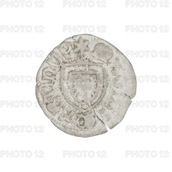Teutonic szelag, Marcin Truchsess von Wetzhausen (Grand Master; 1477–1489), Wesner, Hans (fl. 1480–?), publisher (from 1480). Obverse: monastic shield of the Grand Master; on the rim between the pearl borders an inscription. Reverse: monastic shield; in the rim between the pearl borders an inscription, 1477–1489. Teutonic shield (iconographic); Teutonic Knights (order). State of the Teutonic Order (1226–1525), Königsberg. Coin; diameter 20.1 mm; weight 1.32 g; axis 0°.