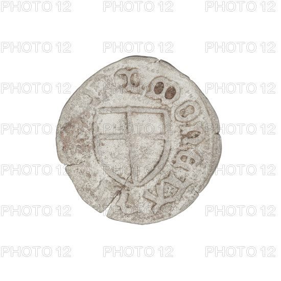 Teutonic szelag, Marcin Truchsess von Wetzhausen (Grand Master; 1477–1489), Wesner, Hans (fl. 1480–?), publisher (from 1480). Obverse: monastic shield of the Grand Master (iconographic). Reverse: Teutonic shield (iconographic). Teutonic Knights (order). Obv. monastic shield of the Grand Master; on the rim between the pearl borders, the inscription. Rev. monastic shield; in the rim between the pearl borders there is an inscription, 1477–1489. State of the Teutonic Order (1226–1525), Königsberg. Coin; diameter 20.1 mm; weight 1.32 g; axis 0°.