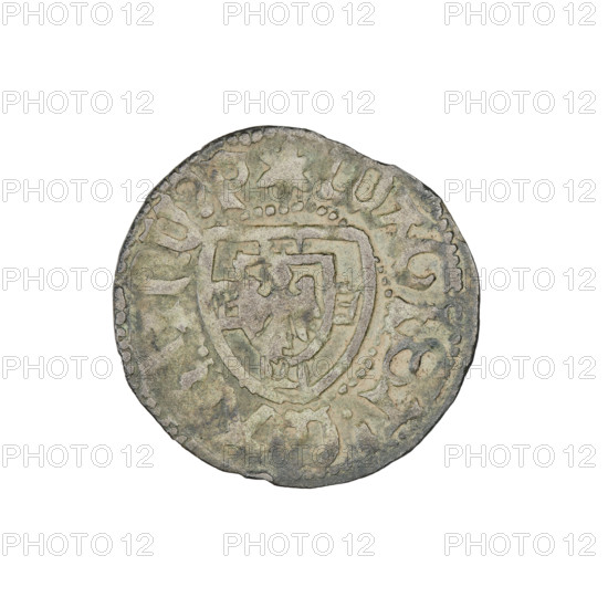 Teutonic szelag, Marcin Truchsess von Wetzhausen (Grand Master; 1477–1489), Wesner, Hans (fl. 1480–?), publisher (from 1480). Teutonic shield (iconographic), monastic shield of the Grand Master (iconographic). Obv.: Monastic shield of the Grand Master; on the rim, between the pearl borders, the inscription. Rev.: Monastic shield; in the rim between the pearl borders there is an inscription, 1477–1489. State of the Teutonic Order (1226–1525), Königsberg. Coin: diameter 20.3 mm, weight 1.15 g, axis 45°.