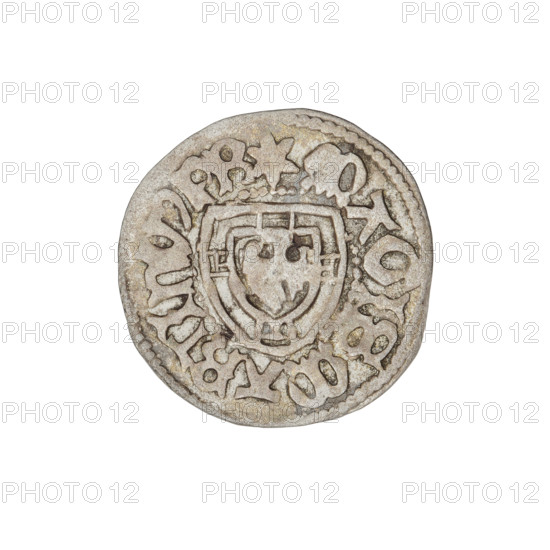 Teutonic szelag, Marcin Truchsess von Wetzhausen (Grand Master; 1477–1489), Wesner, Hans (fl. 1480–?), publisher (from 1480). Obv.: Monastic shield of the Grand Master; on the rim, between the pearl borders, the inscription. Rev.: Monastic shield; in the rim between the pearl borders there is an inscription, 1477–1489. Teutonic Knights (order); State of the Teutonic Order (1226–1525), Königsberg. Coin: diameter 19.8 mm, weight 1.68 g, axis 180°.