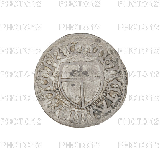 Teutonic szelag, Marcin Truchsess von Wetzhausen (Grand Master; 1477–1489), Wesner, Hans (fl. 1480–?), publisher (from 1480). Obverse: monastic shield of the Grand Master; on the rim between the pearl borders the inscription. Reverse: Teutonic shield (iconographic), monastic shield; in the rim between the pearl borders an inscription, 1477–1489. State of the Teutonic Order (1226–1525), Königsberg. Coin; diameter 19.6 mm, weight 1.40 g, axis 150°.