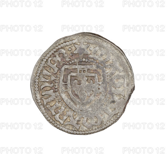 Teutonic szelag, Marcin Truchsess von Wetzhausen (Grand Master; 1477–1489), Wesner, Hans (fl. 1480–?), publisher (from 1480). Obverse: monastic shield of the Grand Master; on the rim between the pearl borders the inscription. Reverse: monastic shield; in the rim between the pearl borders an inscription, 1477–1489. Iconography: Teutonic shield, monastic shield of the Grand Master; Teutonic Knights (order). State of the Teutonic Order (1226–1525), Königsberg. Coin, diameter 20.8 mm, weight 1.35 g, axis 45 degrees.