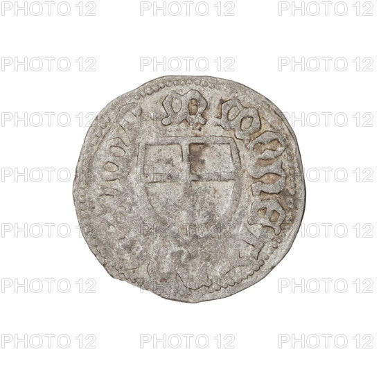 Teutonic szelag, Marcin Truchsess von Wetzhausen (Grand Master; 1477–1489); Wesner, Hans (fl. 1480–?), publisher (from 1480). Monastic shield of the Grand Master (iconographic); Teutonic Knights (order). Obverse: Monastic shield of the Grand Master; on the rim between the pearl borders, the inscription. Reverse: Monastic shield; in the rim between the pearl borders the inscription 1477–1489. State of the Teutonic Order (1226–1525), Königsberg. Coin: diameter 20.8 mm, weight 1.35 g, axis 45°.